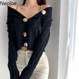 Neploe Korean Sweater for Women Vintage Sexy V-neck Knitted Ribbed Cardigan Chic Metal Chain Long Sleeve Sueter Coat Femme 4G239 210422