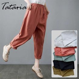 Women's Classic Cotton Linen Pants Harem High Waisted Pink Vintage Calf-length Pencil Pants Capri for Women Summer Trousers 211112