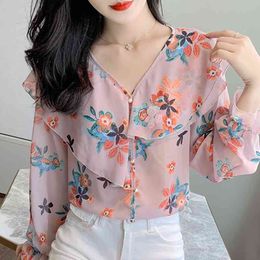 Blusas Mujer De Moda Blouse Women Ruffles V-neck Print Chiffon Blouse Shirt Women Blouses Long Sleeve Women Shirts Top D405 210426