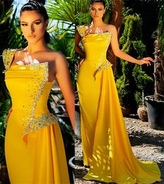 yellow bridesmaids gowns NZ - 2021 Plus Size Arabic Aso Ebi One Shoulder Yellow Prom Dresses Beaded Crystals Satin Evening Formal Party Second Reception Bridesmaid Gowns Dress ZJ514