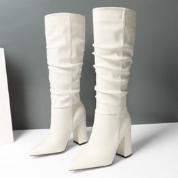 Women High Heel Boots Fashion Winter Shoes Woman Warm Fold Sexy Long Boot Office Lady Knee High Footwear Size 34-43
