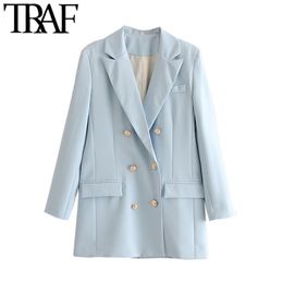TRAF Women Fashion Office Wear Double Breasted Blazer Coat Vintage Long Sleeve Back Vents Female Outerwear Chic Tops 210415