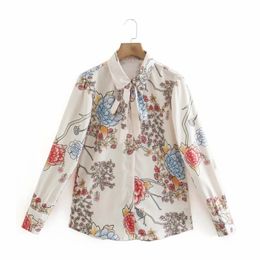 Spring Women Flower Printing Turndown Collar Bow Tie Shirt Female Long Sleeve Blouse Casual Lady Loose Tops Blusas S8632 210430