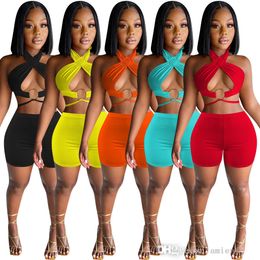 Deisgner Women 2 Two Pieces Pants Set Outfits Slim Sexy Sleeveless Shorts Tracksuits Fashion Neck Hanging Solid Color Ladies Sportswear S-XL