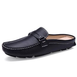 Slippers 2021 Brand Men Shoes Summer Casual Flat Man Soft Leather Slip-on Half Comfortable Driving Loafers