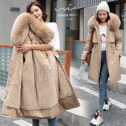 Cotton Liner Parker Parka Fashion Adjustable Waist Fur Collar Winter Jacket Women Medium Long Hooded Parka Coat 211126