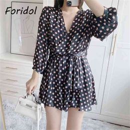 Foridol Polka Dot Wide Leg Beach Rompers Overalls Women V Neck Black Loose Playsuit Jumpsuits Batwing Sleeve Sash Romper 210415