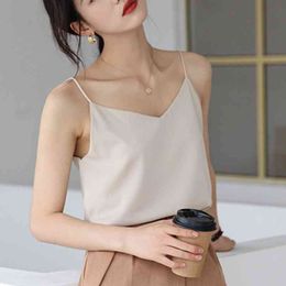 Korean Chiffon Women Tops V-neck Satin Tanks Woman Sleeveless Vest Tees Plus Size Sexy woman White Lady Camis 210427