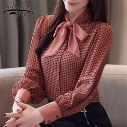 womens tops and blouses long sleeve shirts fashion bow collor office blouse plaid chiffon shirt female top 2413 50 210521