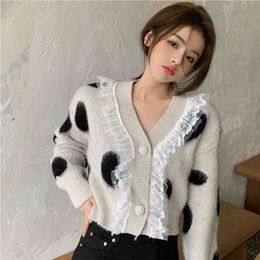 Mohair Sweater Cardigan Autumn and Winter Women's Short V-neck Loose Outer Wear Color Matching Retro Coat UK392 210507