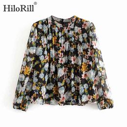 Vintage Floral Print Chiffon Blouse Women Stand Collar Casual Pleated Shirt Ladies Long Sleeve Tunic Tops Blusas 210508