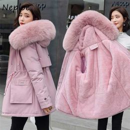 Neploe Winter Warm Parkas Women Plus Velvet Thicken Down Padded Coats Woman Single Breasted Hoodie Puffer Jacket Femme 211216