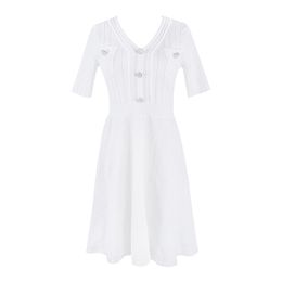 White Black Knitted V Neck Fit And Flare Short Sleeve Mini Dress Pocket Button Solid Elegant Women D1022 210514