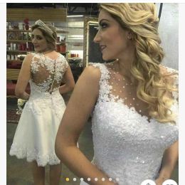 -Vestidos de novia cortos blancos Cuello de la joya Una línea Tulle apliques encaje vestidos de boda más tamaño país mini playa vestido nupcial dwj0215