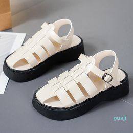 Sandals Women Gladiator Shoes Round Toe Platform Flat T-Strap Brand Design Ladies Footwear Black