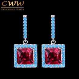 Fashion Turkish Light Blue And Red CZ Crystal Elegant Square Drop Dangle Earrings for Women CZ119 210714