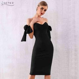 Summer Women Off Shoulder Bandage Dress Vestido Black Slash Neck Celebrity Party Elegant Bodycon Club 210423