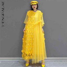Elegant Yellow Mesh Spliced Dress Women's Summer Round Neck Short Sleeve Mid-calf Dresses Female Tide 5C991 210427