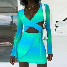 Spring Blue Asymmetry Fashion Gradient Colour Sexy Dresses Flared Sleeves Patchwork Hollow Out Lace-up Mini Bandage Vestidos 210517