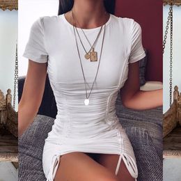 White Ruched Pleated Bodycon Dress Women Drawstring Short Sleeve Mini Party Dress Solid Basic Skinny Casual Dress Short 210419