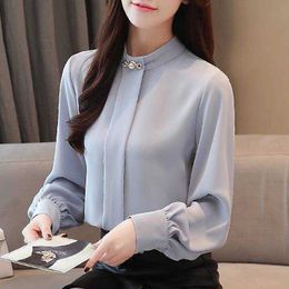 Elegant Long Sleeve Chiffon Blouses Women Spring Stand Collar Pearl Decor Office Lady Shirt Large Size Loose Lantern Tops 210526