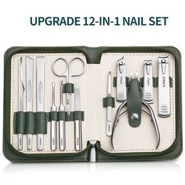 Manicure Set 12 In 1 Stainless Steel Cutter Full Function Green Leather Nail Clippers Hand Kit Tools For Travel Gifts