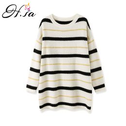 H.SA Fall Women Clothes Oneck Colorful Striped Long Korean Style Oversized Jumpers Purple Pull Sweater 210417
