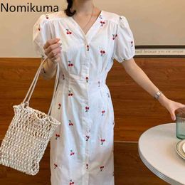 Nomikuma Chic Cherry Dress Women V Neck Short Sleeve Single Breasted Dresses Embroidery Korean Style Vestidos Mujer 210514
