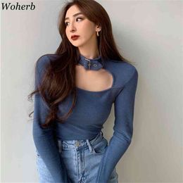 Sexy Long Sleeve Halter Tops T-shirt Women Korean Chic Elegant Slim Basic T Shirts Spring Fashion Ropa De Mujer 210519