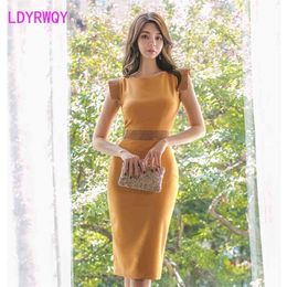 Spring and summer Korean version of the round neck Slim rhinestone high waist sexy package hip sleeveless dress 210416