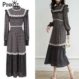 High quality Fashion Women Spring Autumn Dress Luxury Patchwork Lace Celebrity Design party dinner style dresses 210421