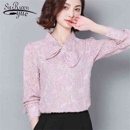 women spring fashion lace sexy long sleeve blouse shirt bow collar chiffon s tops and s 2210 50 210521