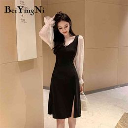 Mesh Patchwork Black Dress Women Long Sleeve OL Plus Size Chic Bodycon Sexy Split French Elegant Party Vestidos 210506