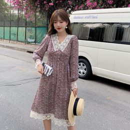 Women Chiffon Dress Spring Summer Fashion Female Long Sleeve Printed Casual Lace Dresses Elegant A-line Vestidos 210423