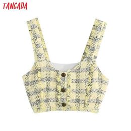 Tangada Women Yellow Plaid Tweed Tank Top Sleeveless Backless Female Tassel Tops BE109 210609