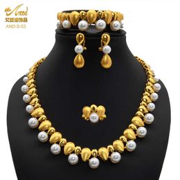 Pearl African Set Jewelry Bridal Brazilian Indian Necklace Rings Costume Party Gold Plated Women Dubai Jewelry Set For Wedding H1022