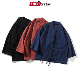 LAPPSTER Men Cotton Linen Harajuku Kimono Summer Mens Vintage Loose Shirts Male Chinese Style Belt Cardigan 210809
