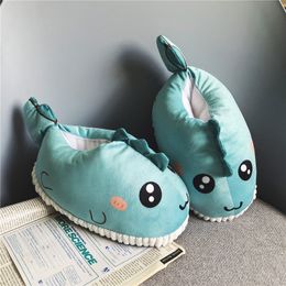 Cute Cartoon Winter Cotton Home Shoes Fluffy Thick Indoor Whale Shape Women Shoes Flat Warm Men Couples House Slippers