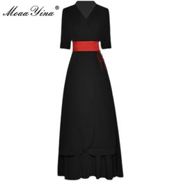 Summer Fashion Runway Designer Dress Women V Neck Half sleeve Belted High waist Slim Balck Midi Vestidos 210524