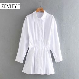 women fashion pleats decoration white shirt dress office lady long sleeve back elastic casual vestido chic dresses DS4443 210420