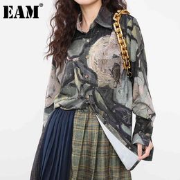 [EAM] Women Pattern Printed Big Size Blouse Lapel Long Sleeve Loose Fit Shirt Fashion Spring Autumn 1DA31209 210512