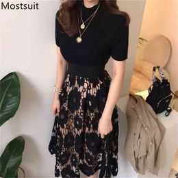 Korean Fashion Two Piece Set Women Black Knitted Tops + Hollow Long Skirt Suits Elegant Vintage Female 2 Matching 210513