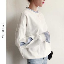 Yedinas Harajuku Sweater Women Korean Chic Sweatershirt Fake Two Piece Top Elegant White Sweaters Female Patchwork Pullover 210527