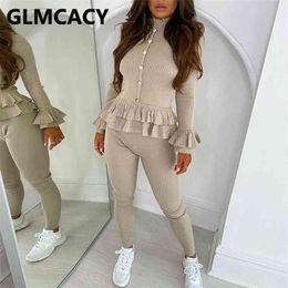 Women Solid Elegant Two Piece Suits Long Sleeve Ruffles Top and Skinny Pants Set 210709
