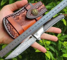 1Pcs High Quality Flipper Folding Knife VG10 Damascus Steel Drop Point Blade Rosewood + Stainless Steels Handle EDC Pocket Knives With Leather Sheath