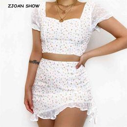 Splice Short Puff Sleeve Floral Print T-shirt Crop Top Sexy Women Ruffles Hem Lacing up Mini Skirt 2 Pieces Set 210429