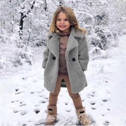 Sping Autumn Fashion Casual Baby Girls Lapel Jacket Lamb Wool Thick Solid Colour Outerwear Loose Coat Children Warm Clothes 211204