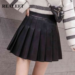 Autumn Winter PU Faux Leather Women Pleated Skirts High Waist A-Line Sexy Mini Ladies Chic Skater 210428