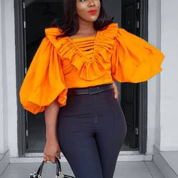 Women Blouse Big Lantern Sleeve V Neck Ruffles Hollow Out Elegant Office Ladies Classy Orange Fashion Tops Shirt Bluas Plus Size 210416