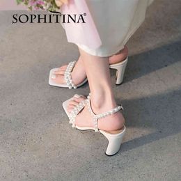 SOPHITINA Square Heel Sweet String Bead Women Shoes Sandals Summer Pearl Party Dressing Square Toe Genuine Leather FO323 210513